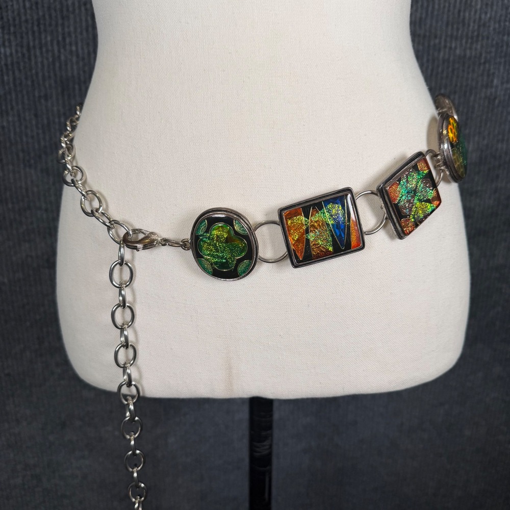 Chico's Chain Belt Womens OS Multi Color Dichroic Glass Geometric Link Festival